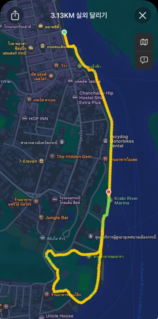 Running route map along the river in Krabi Town, Thailand